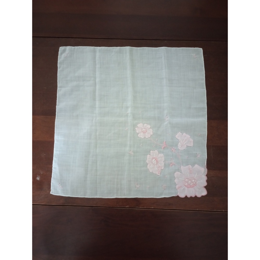 Vintage Women's Hand Stitched Handkerchief 14" X 14" White With Pink Floral